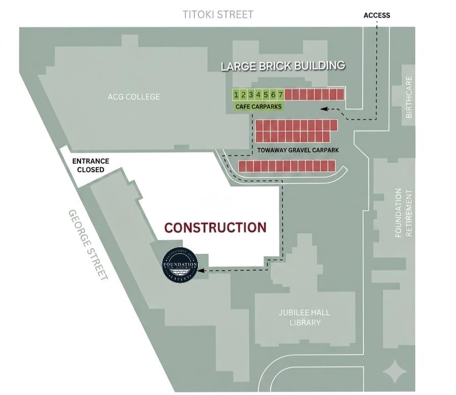 Parking access map showing Titoki Street entrance and café carparks